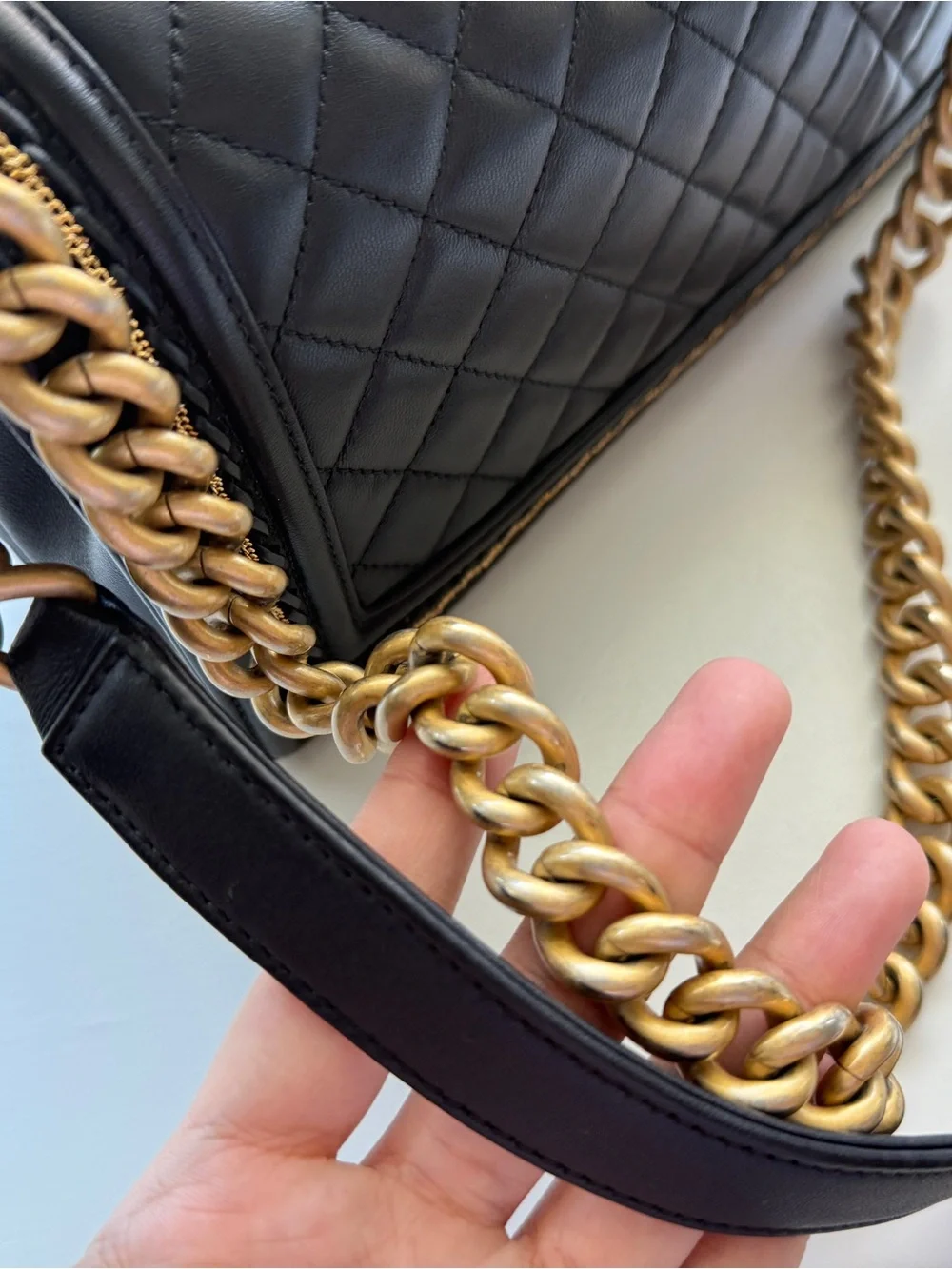 CHANEL Boy Small Black Lambskin Quilted Gold Hardware Chain Shoulder Bag